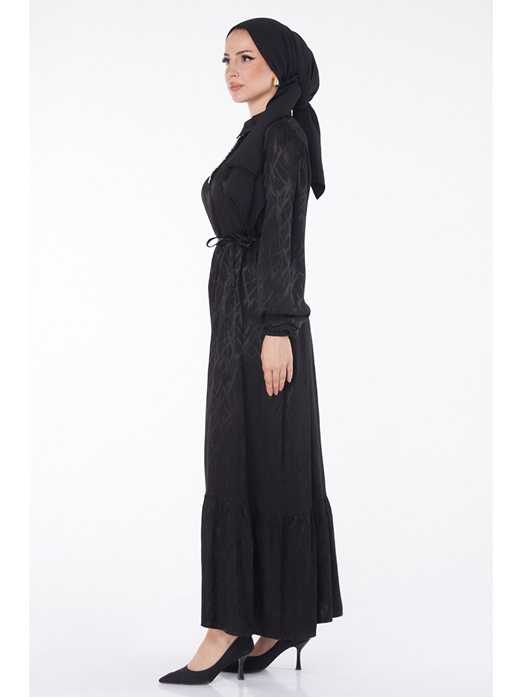 Düz Gömlek Yaka Kadın Siyah Taş Detaylı Elbise - 25888-4