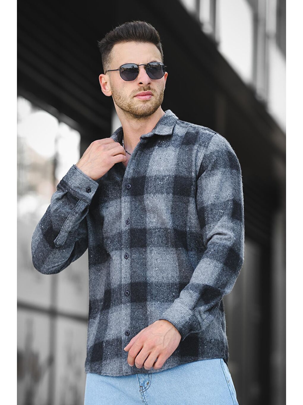 Antrasit Slim Fit Pamuklu Ekoseli Erkek Oduncu Gömlek-1