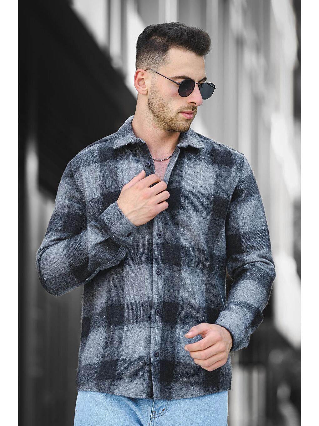 Antrasit Slim Fit Pamuklu Ekoseli Erkek Oduncu Gömlek-2