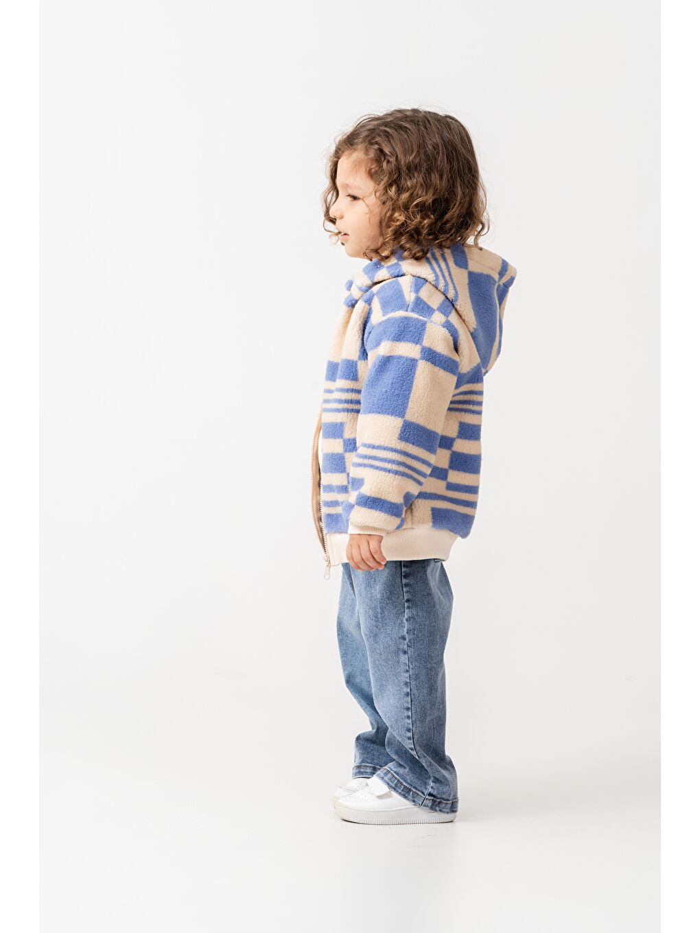 Karışık Erkek Çocuk Pamuklu Bej Mavi Kare Desenli Kapüşonlu Fermuarlı Polar Mont - Rahat Dış Giyim-2