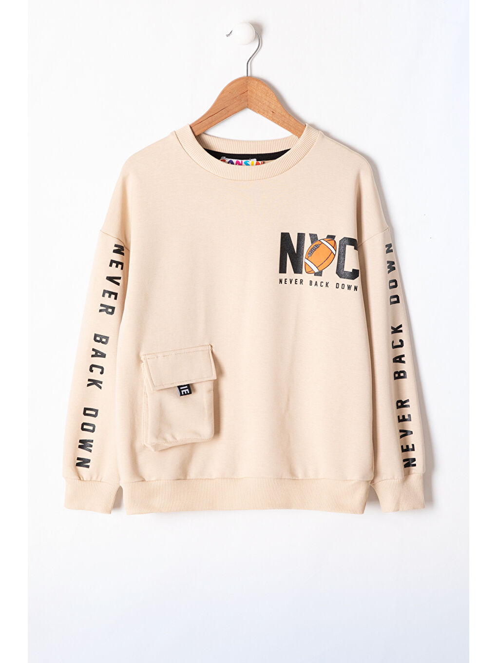 Ekru Krem NYC Yazılı Bisiklet Yaka Erkek Çocuk Sweatshirt 19630