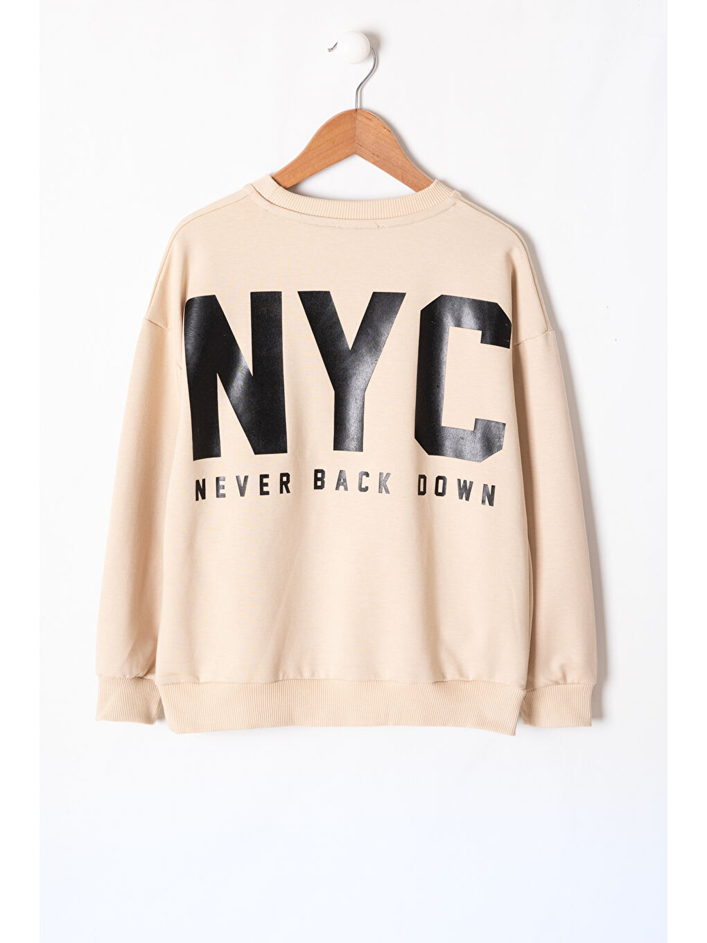 Ekru Krem NYC Yazılı Bisiklet Yaka Erkek Çocuk Sweatshirt 19630-2
