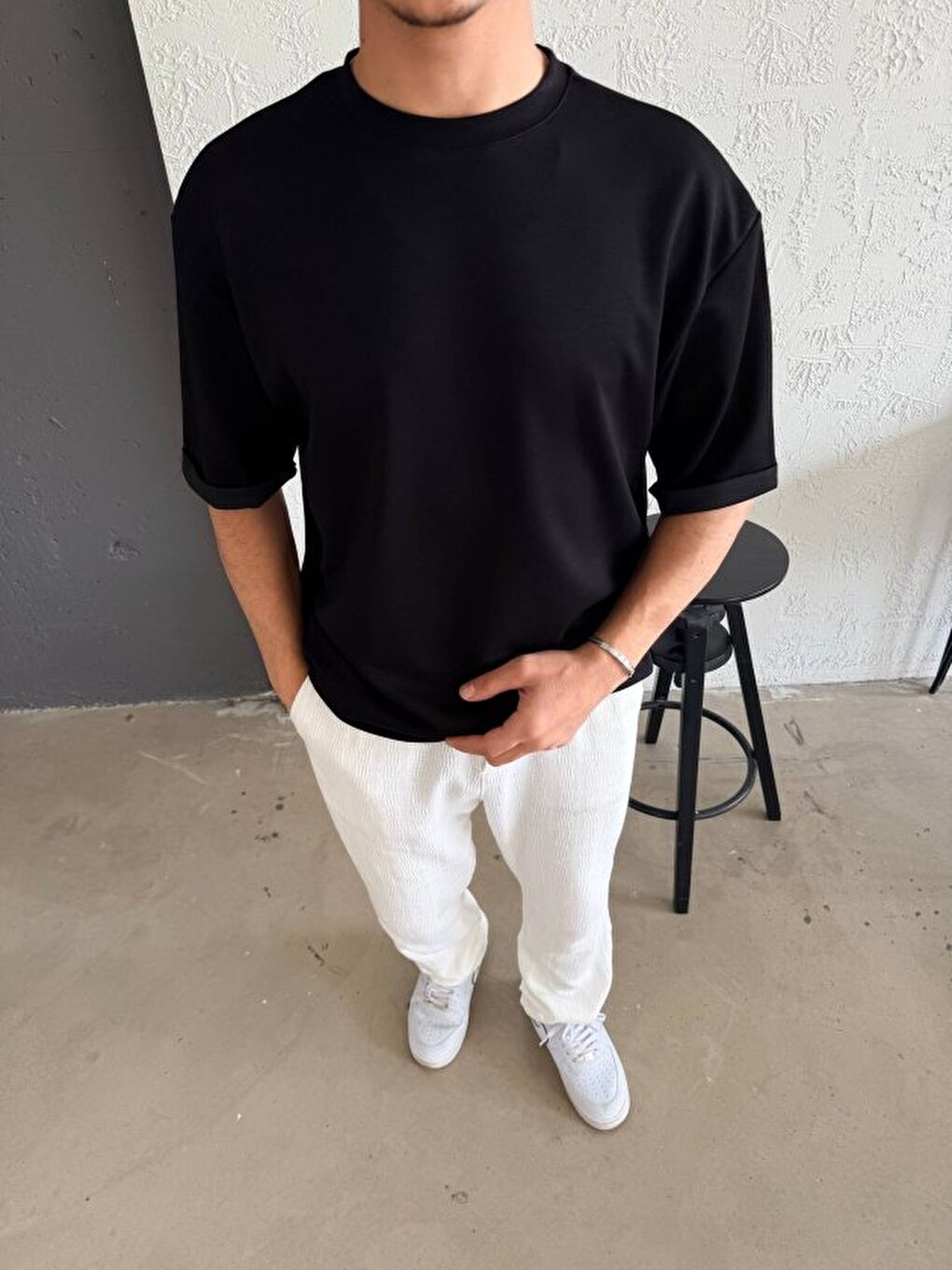 Siyah Erkek Duble Kol Basic Tişört-1