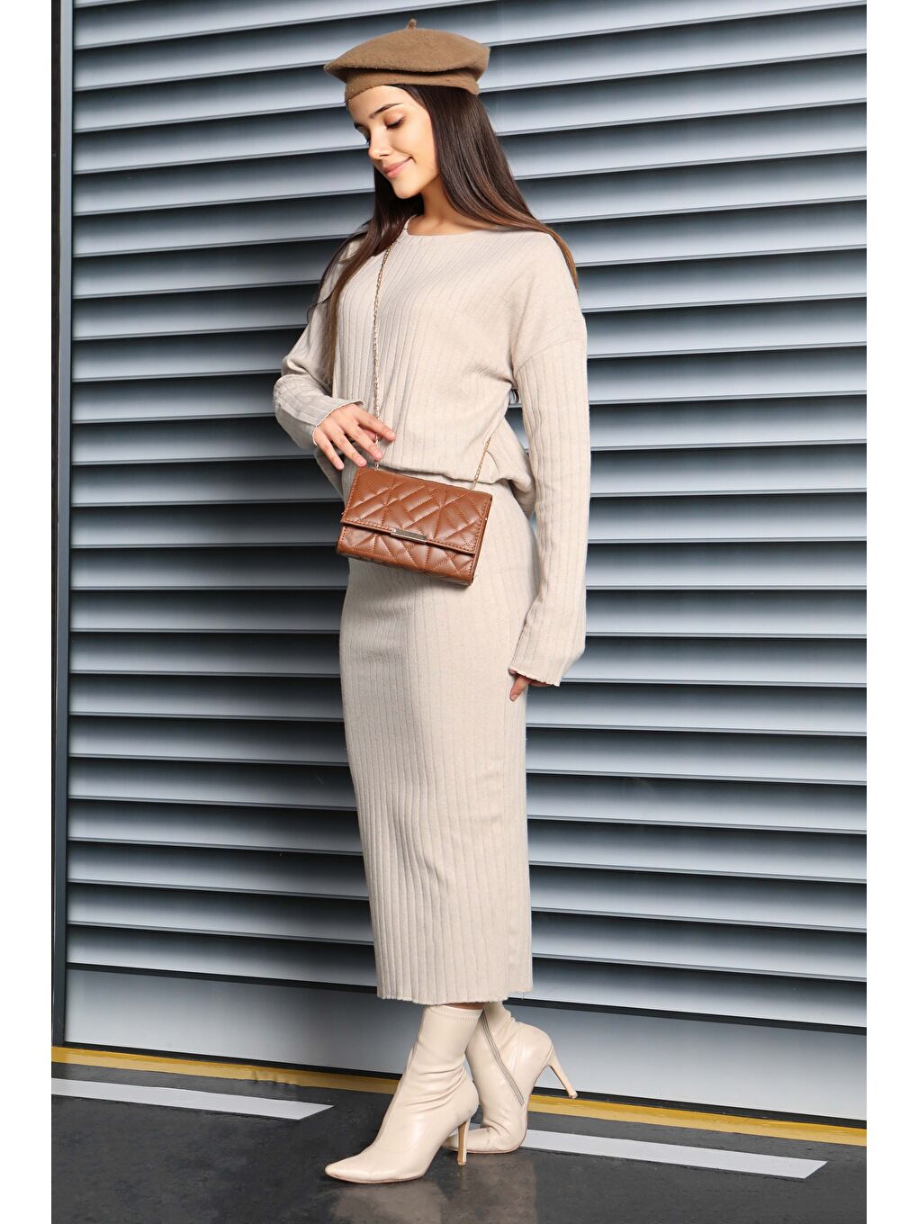 İnterlok Bluz Etekli Takım Bej - 27814-BEJ-1