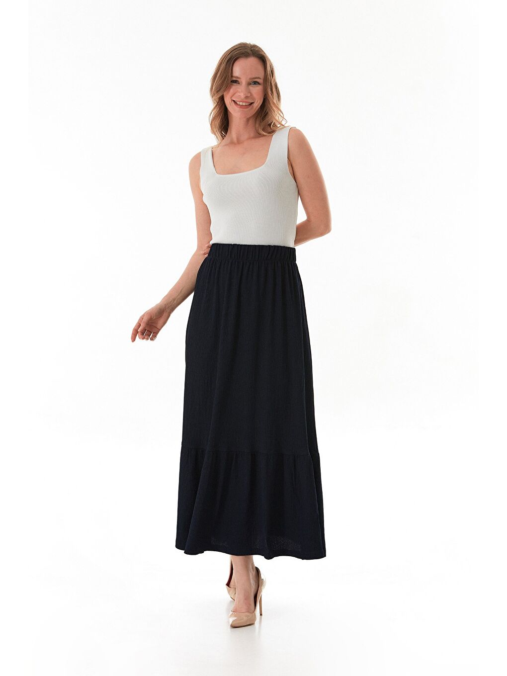 Lacivert Bürümcük Kumaş Beli Lastikli Etek