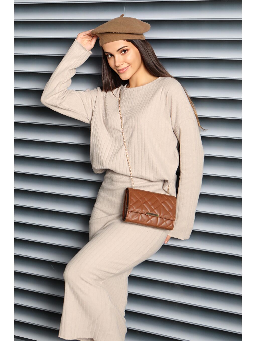 İnterlok Bluz Etekli Takım Bej - 27814-BEJ-2