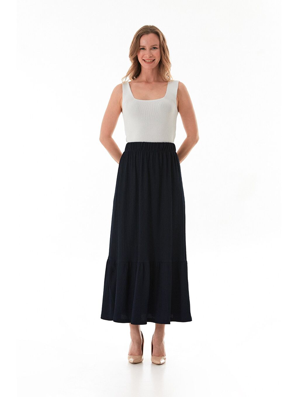 Lacivert Bürümcük Kumaş Beli Lastikli Etek-1