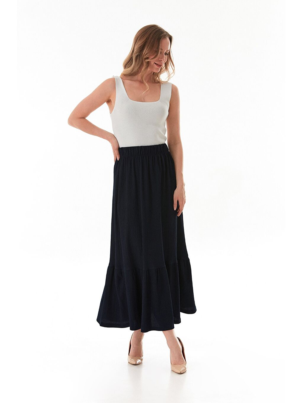 Lacivert Bürümcük Kumaş Beli Lastikli Etek-3