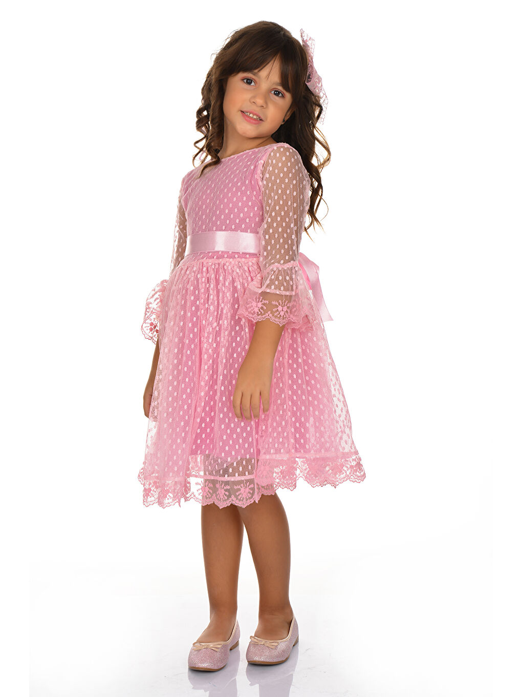 Pembe Dantel Tokalı Kız Çocuk Elbise-1