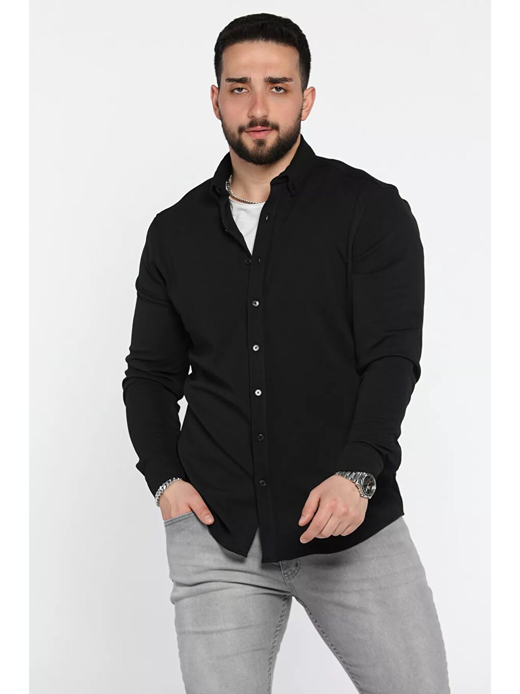 Siyah Uzun Kol Erkek Gömlek-1