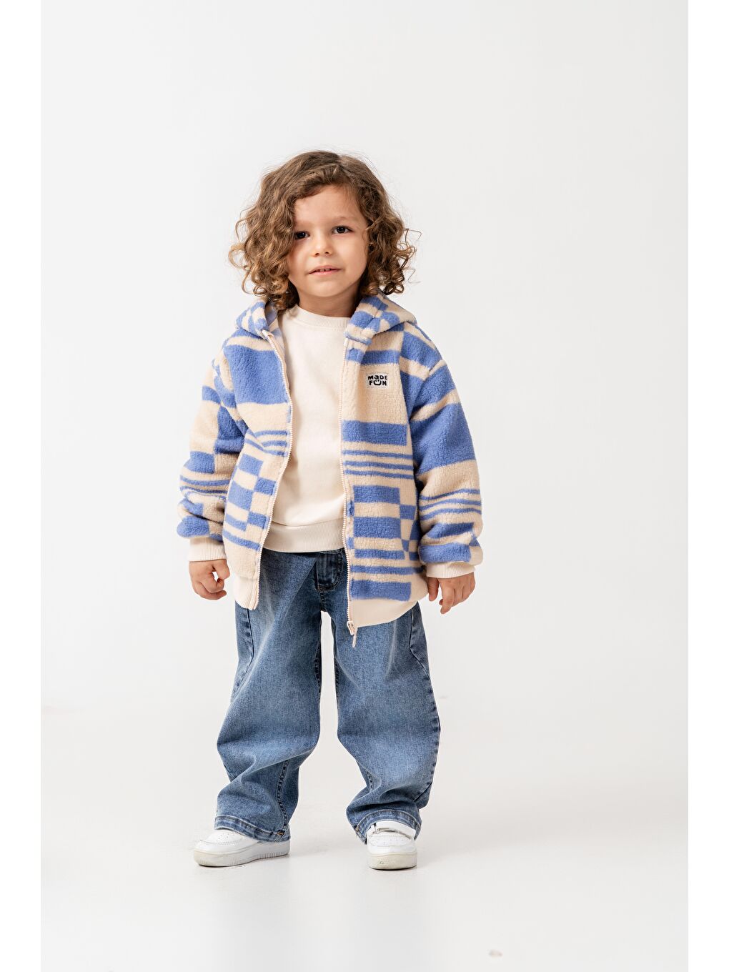 Karışık Erkek Çocuk Pamuklu Bej Mavi Kare Desenli Kapüşonlu Fermuarlı Polar Mont - Rahat Dış Giyim-3
