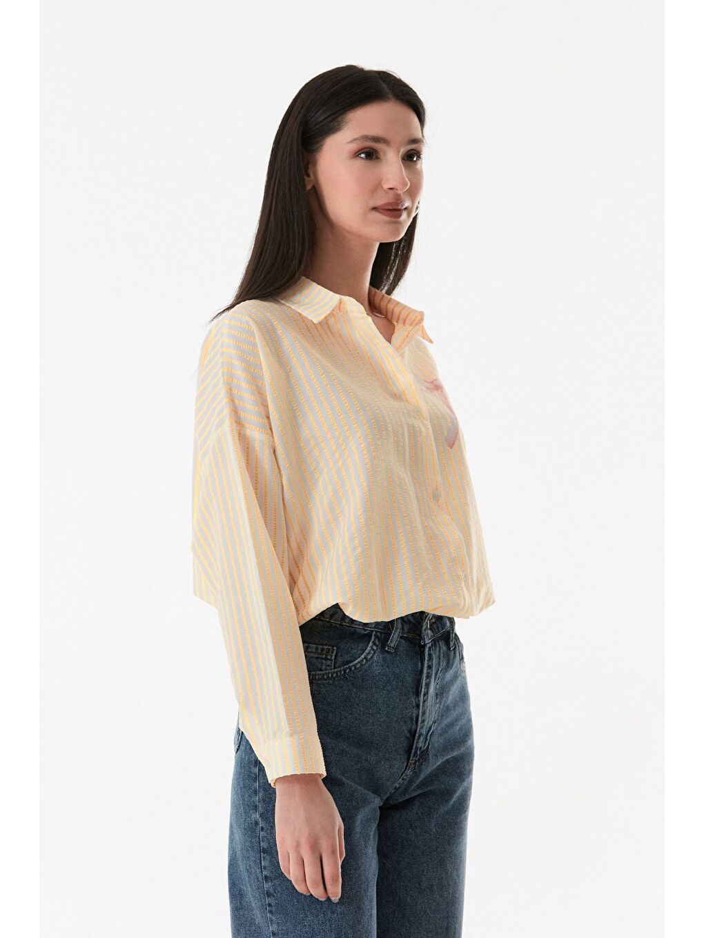 Sarı Çizgili Kurdele Baskılı Arkası Uzun Salaş Gömlek-1