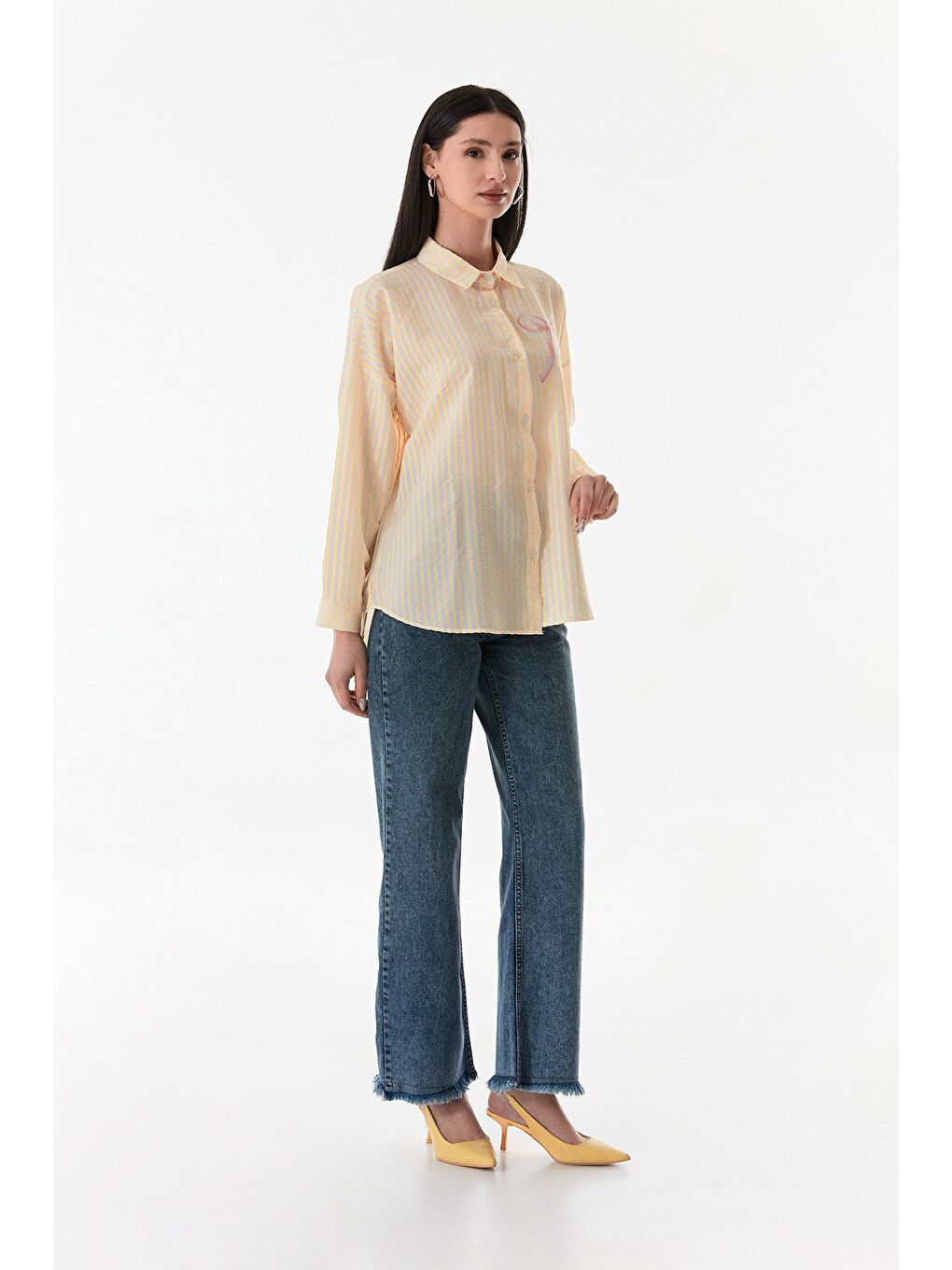 Sarı Çizgili Kurdele Baskılı Arkası Uzun Salaş Gömlek-2