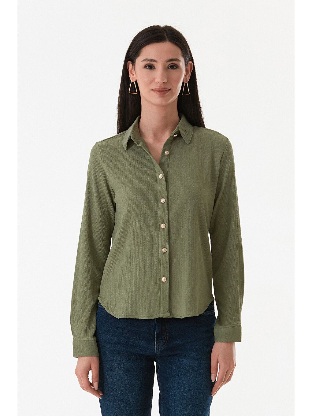 Yeşil Basic Bürümcük Kumaş Uzun Kollu Gömlek