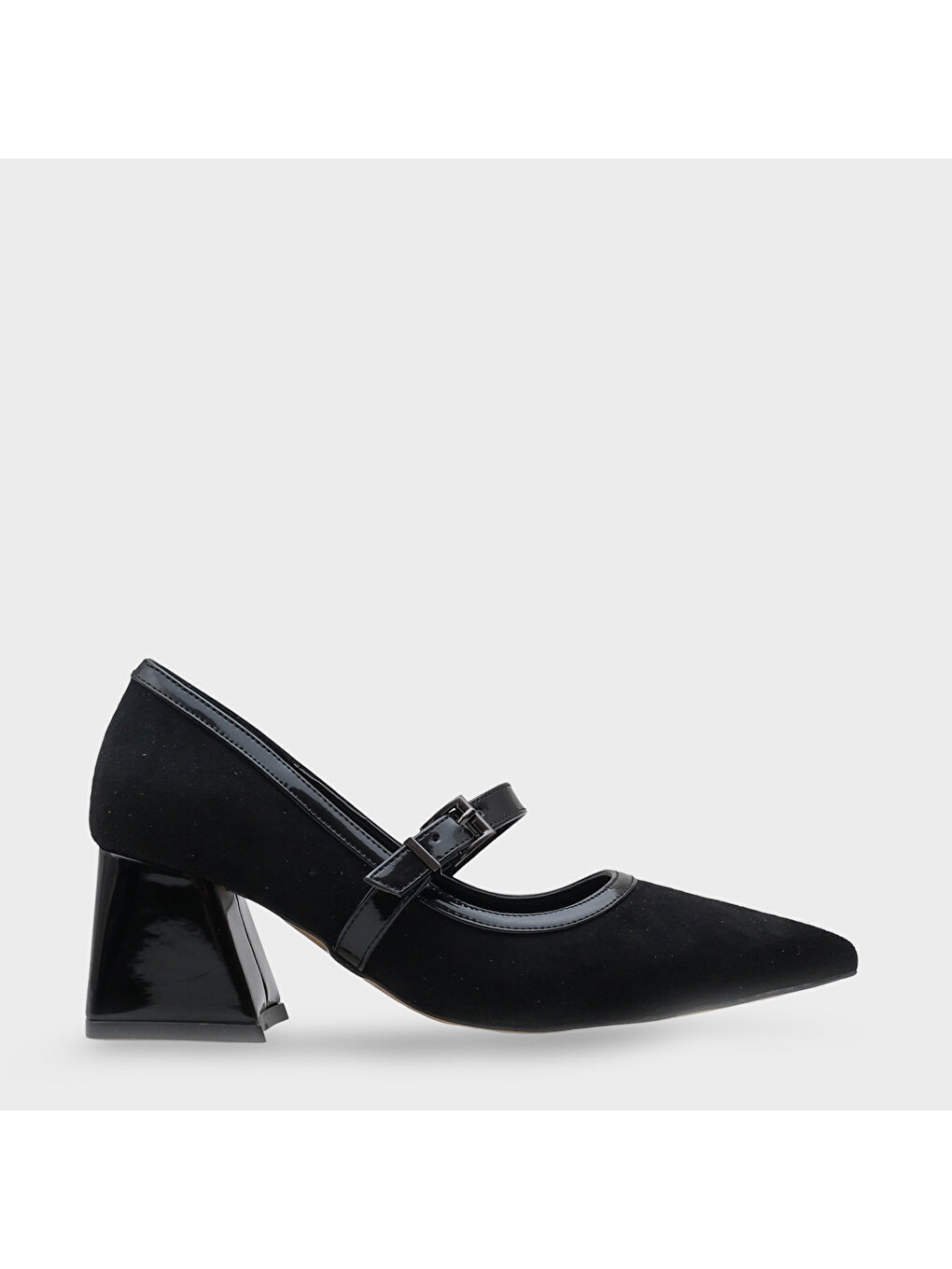 Siyah Susann Sivri Burunlu Kalın Orta Topuklu Bantlı Suni Süet Kadın Ayakkabı