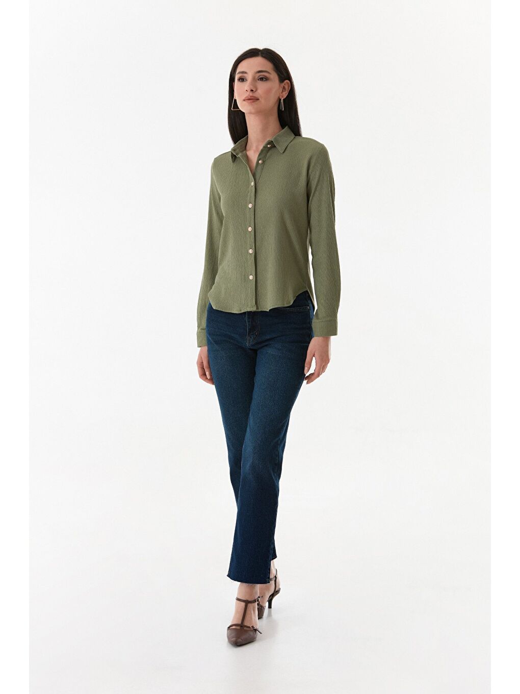 Yeşil Basic Bürümcük Kumaş Uzun Kollu Gömlek-3