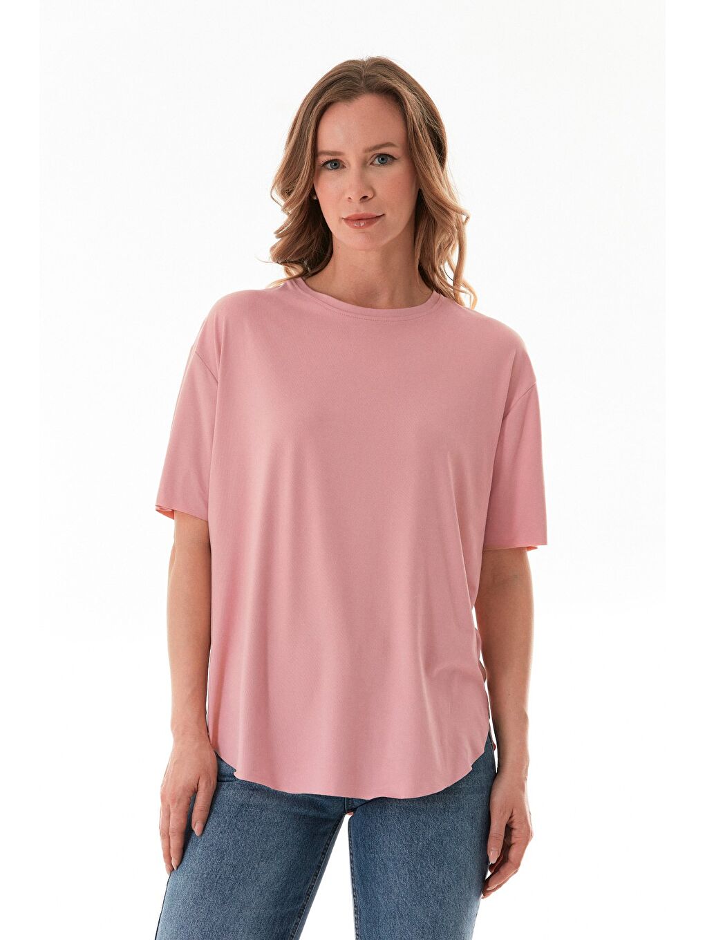 Pembe Basic Bisiklet Yaka Yanları Yırtmaçlı Modal Tişört