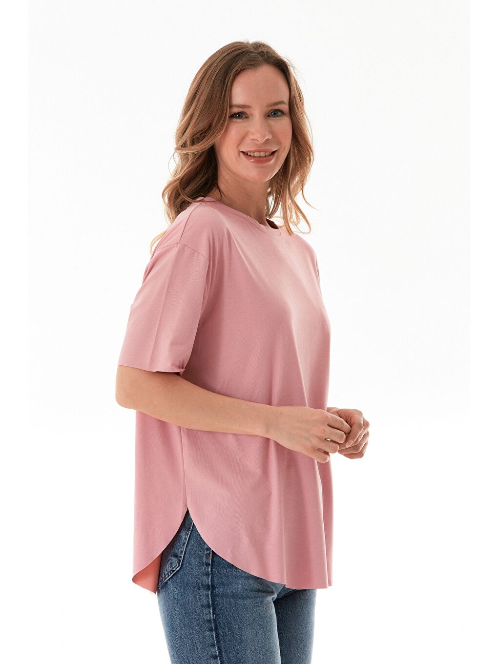 Pembe Basic Bisiklet Yaka Yanları Yırtmaçlı Modal Tişört-2