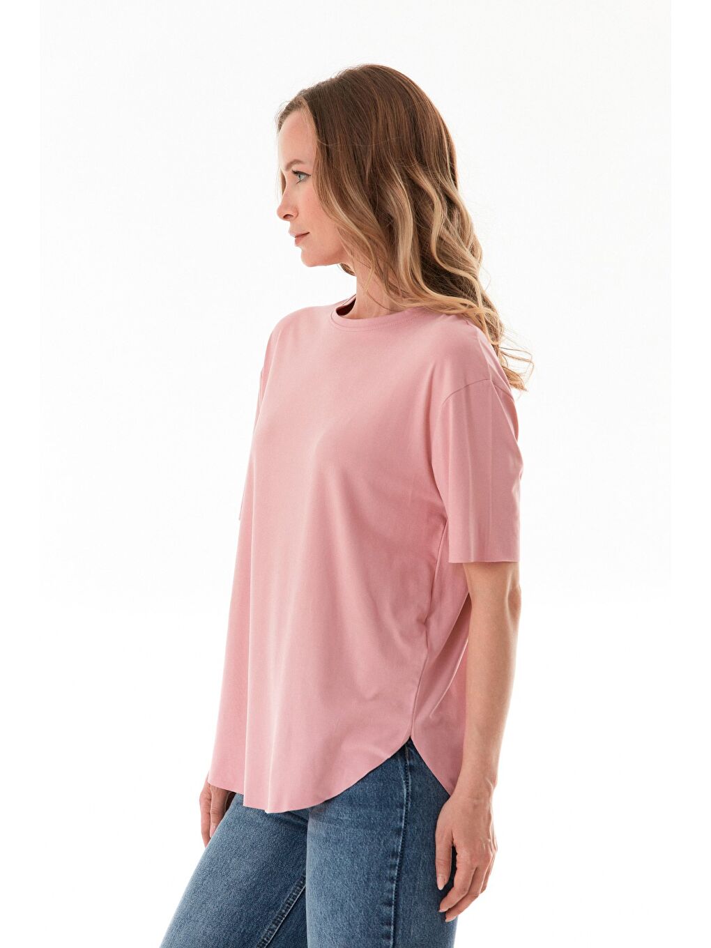 Pembe Basic Bisiklet Yaka Yanları Yırtmaçlı Modal Tişört-3