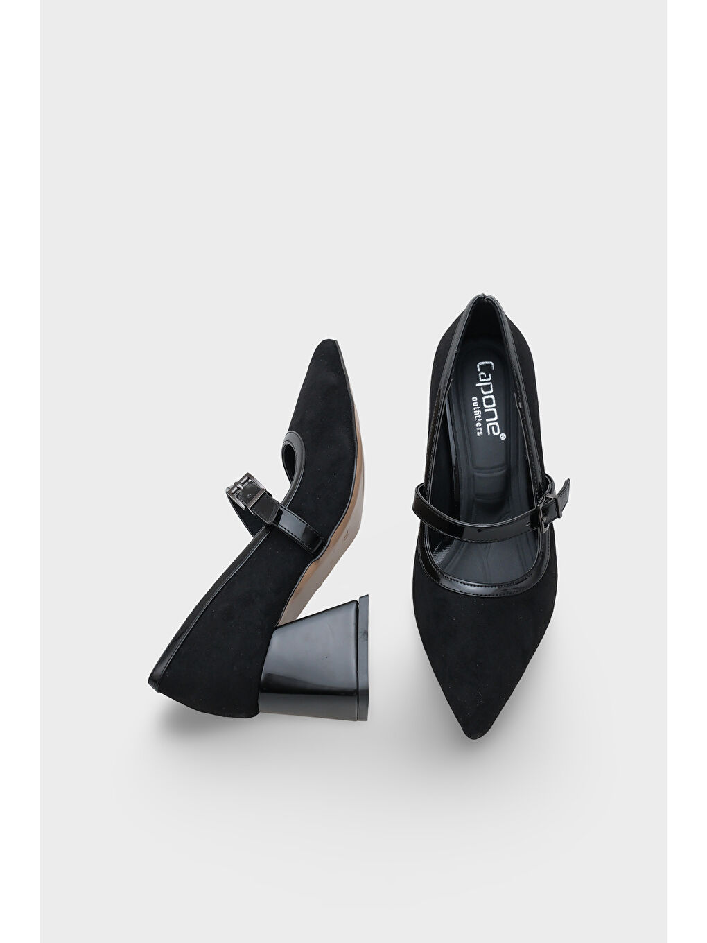 Siyah Susann Sivri Burunlu Kalın Orta Topuklu Bantlı Suni Süet Kadın Ayakkabı-5