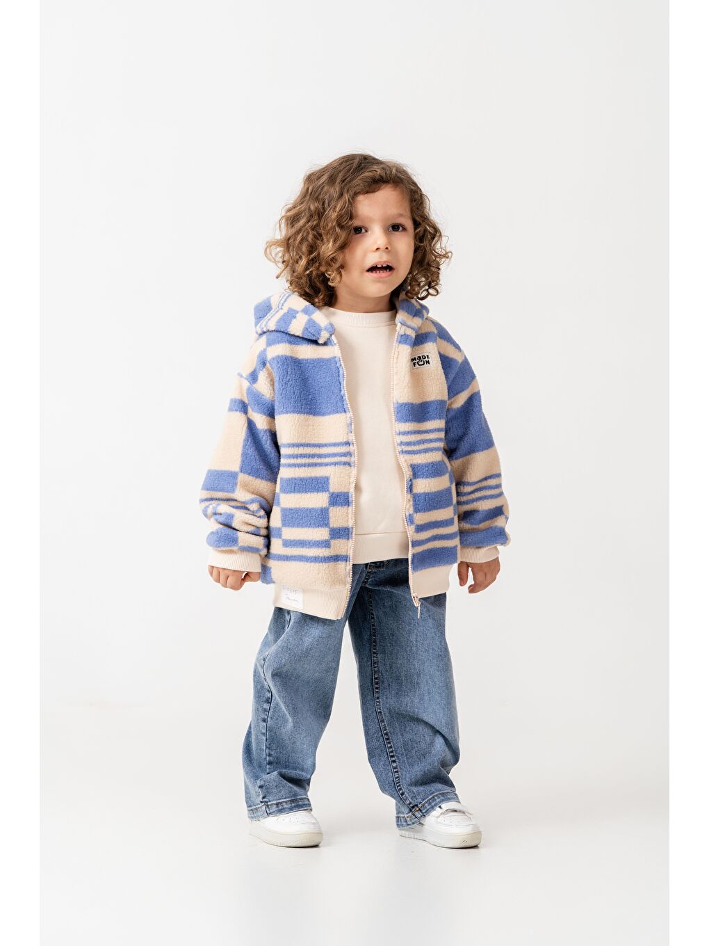 Karışık Erkek Çocuk Pamuklu Bej Mavi Kare Desenli Kapüşonlu Fermuarlı Polar Mont - Rahat Dış Giyim-4