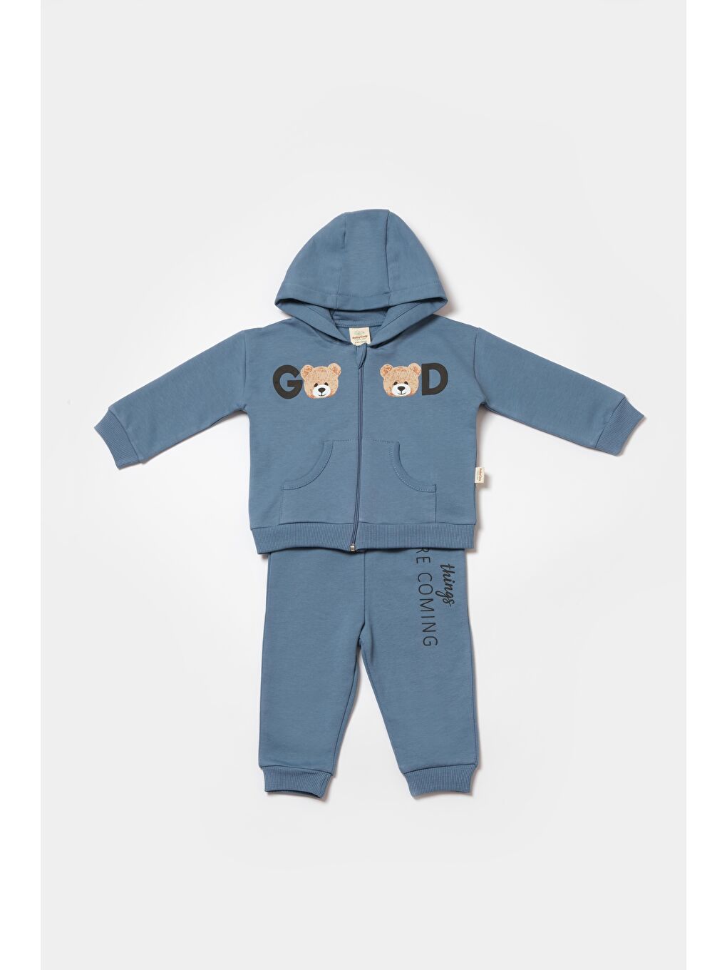 Bebek Pamuklu Mavi Kapüşonlu Ayıcık Baskılı Eşofman Takımı - İki Parça