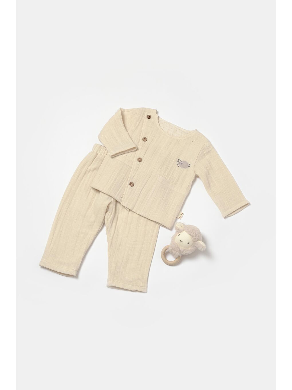 Unisex Bebek Pamuklu Bej Kuzu Nakışlı Düğmeli Müslin Takım - Organik Kumaşlı