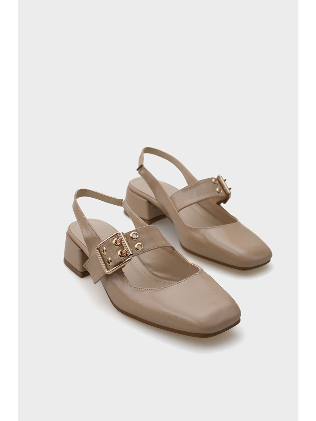 Bej Sena Orta Topuklu Mary Jane Tokalı Kadın Ayakkabı-1