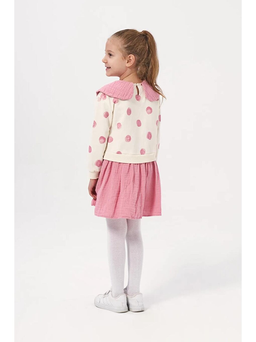 Pembe Müslin Yaka Detaylı Puantiyeli Kız Çocuk Elbise 2-5 Yaş-1
