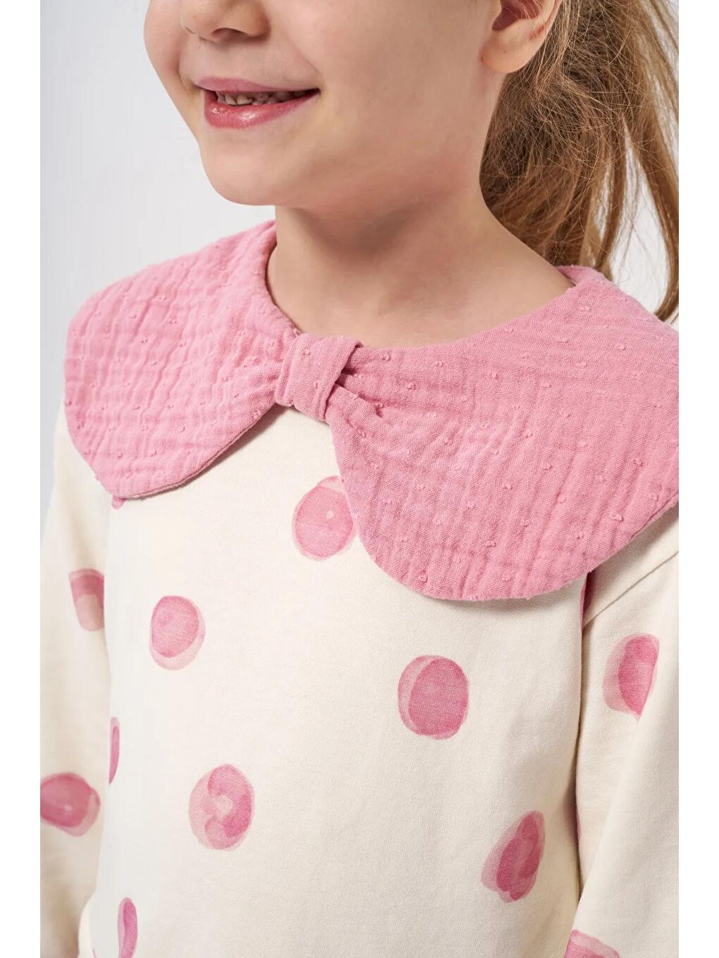 Pembe Müslin Yaka Detaylı Puantiyeli Kız Çocuk Elbise 2-5 Yaş-2