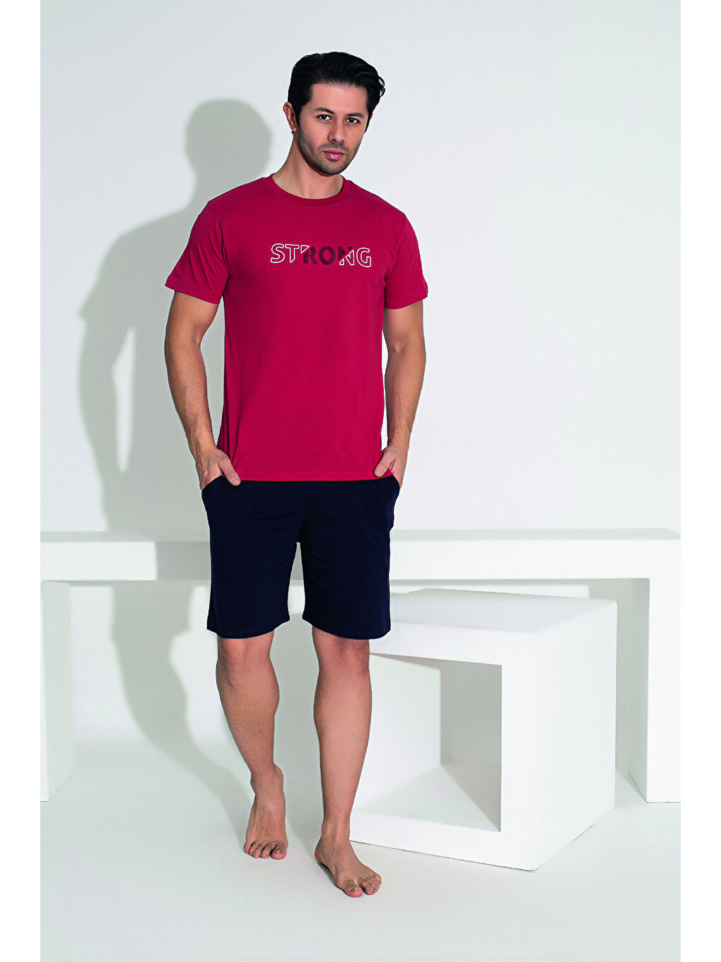 Erkek Şort Tişört %100 Pamuk Şortlu Pijama Takımı 25251 Kırmızı-2