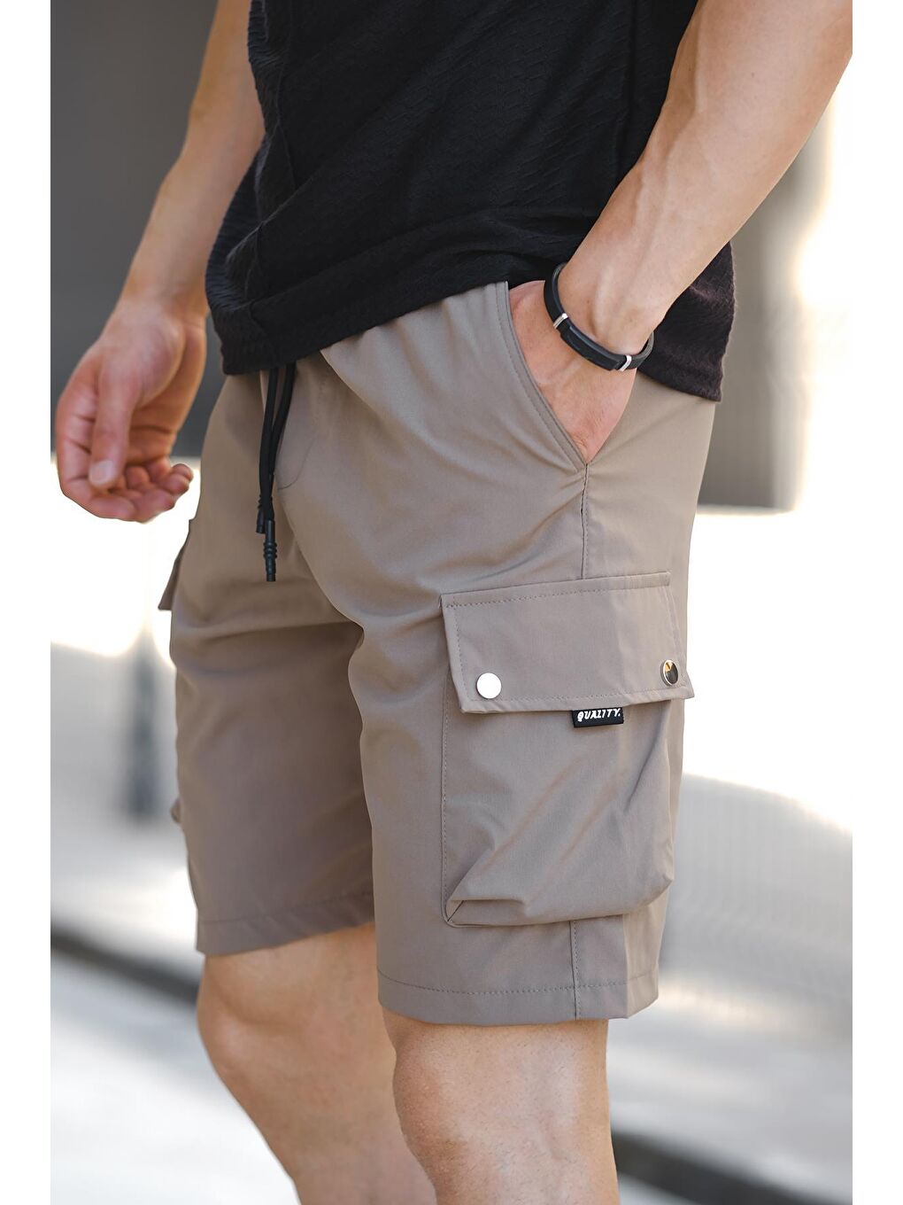 Yeşil Quar Zımbalı Kort Paraşüt Kumaş Kargo Cep Erkek Şort-1