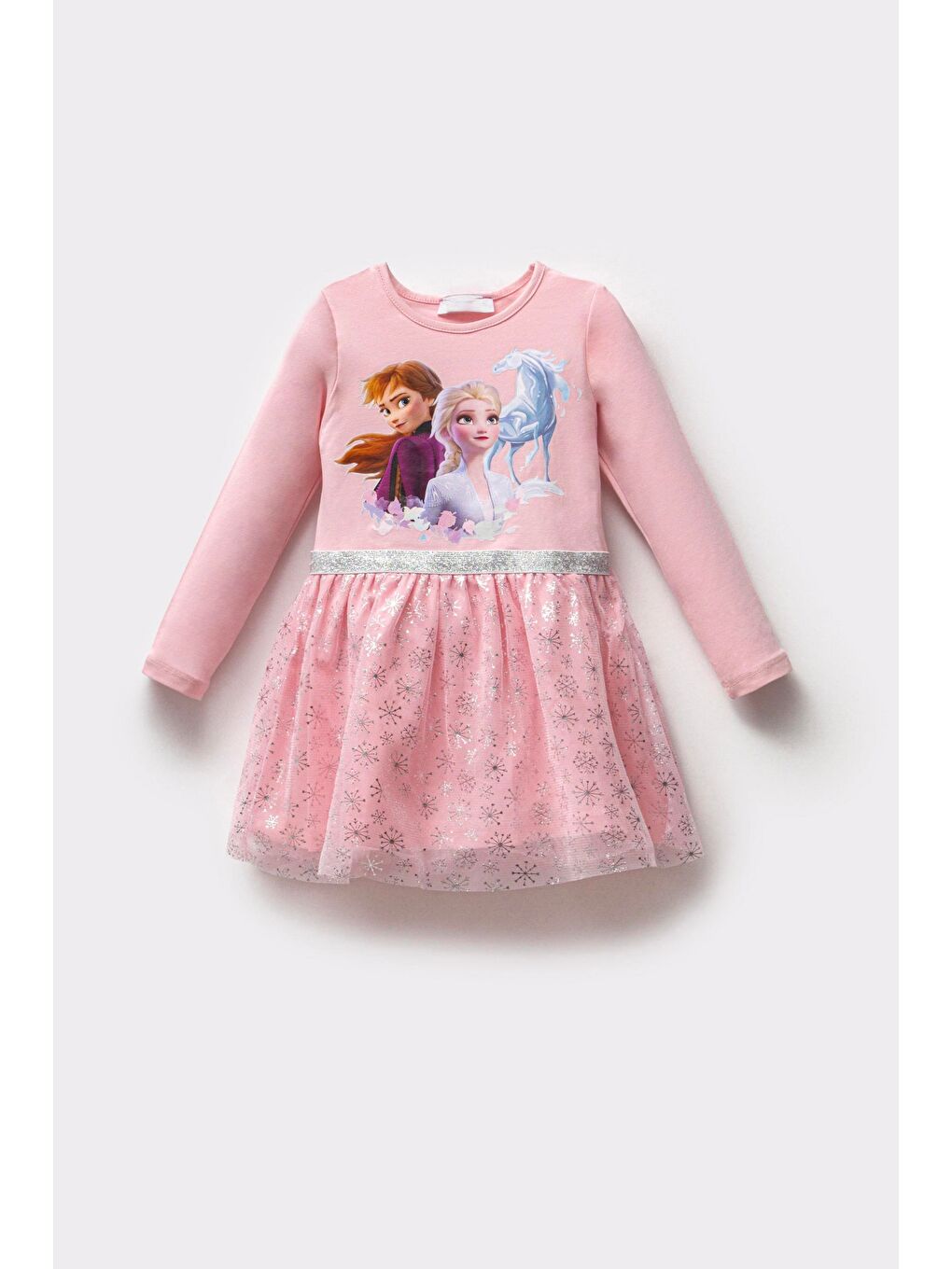 Pembe Elsa Karlar Kraliçesi Kız Çocuk Uzun Kollu Simli Prenses Elbise