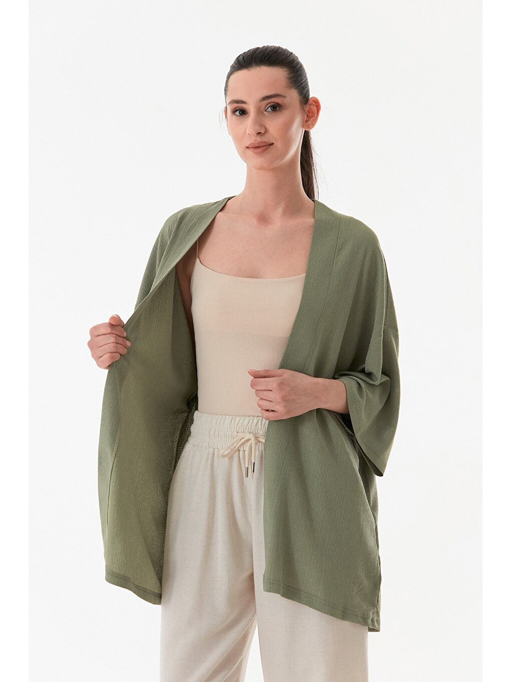 Yeşil Basic Bürümcük Kumaş Şal Yaka Kimono