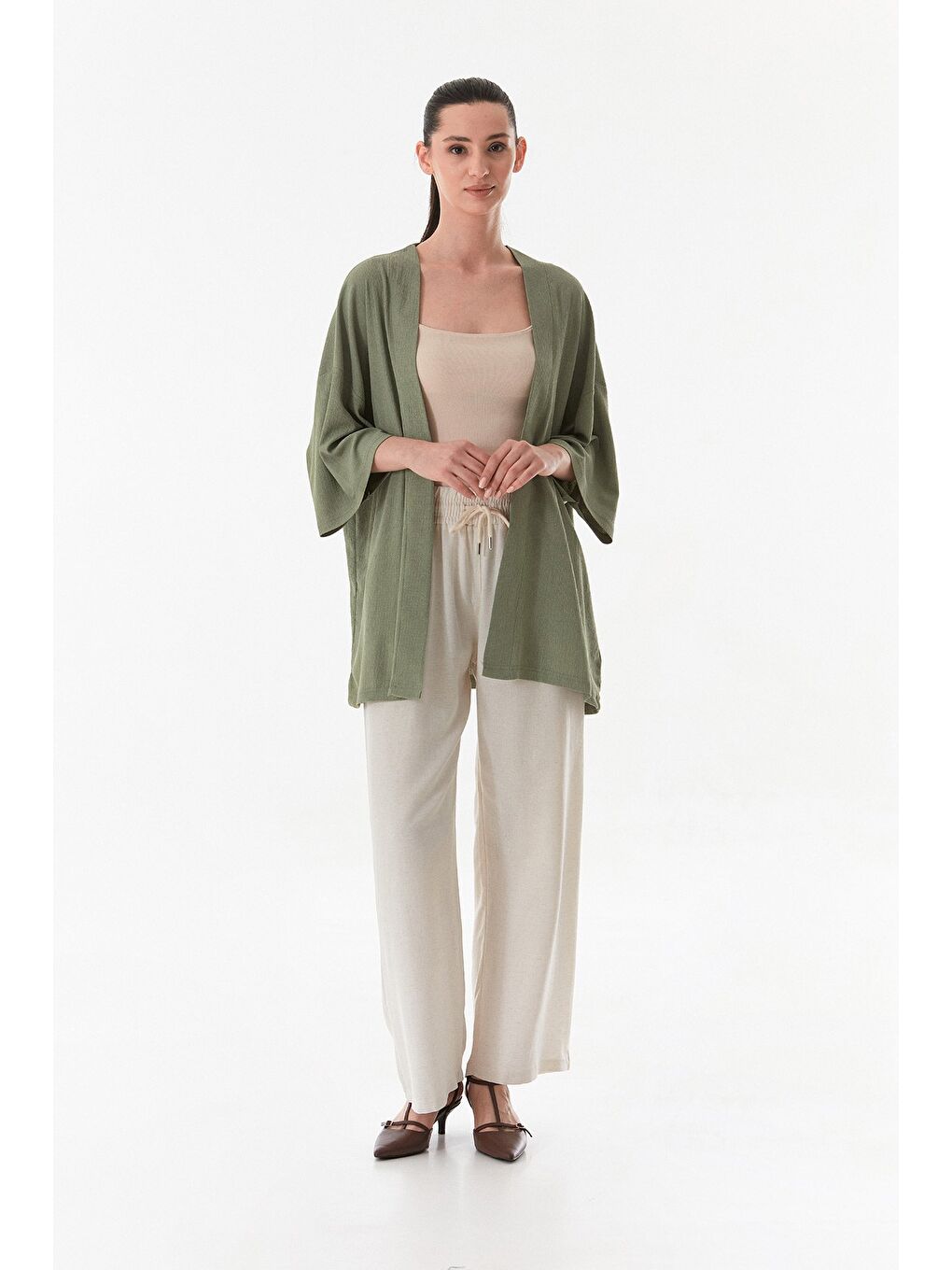 Yeşil Basic Bürümcük Kumaş Şal Yaka Kimono-1