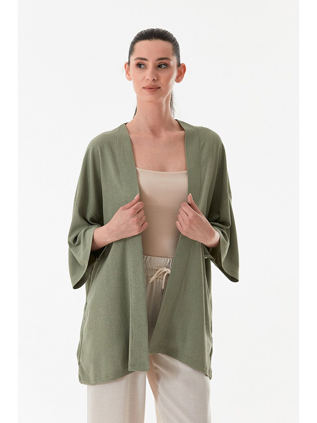 Yeşil Basic Bürümcük Kumaş Şal Yaka Kimono-2