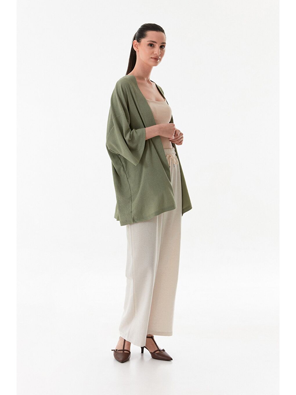 Yeşil Basic Bürümcük Kumaş Şal Yaka Kimono-3