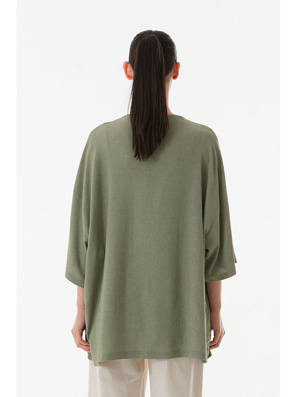 Yeşil Basic Bürümcük Kumaş Şal Yaka Kimono-4