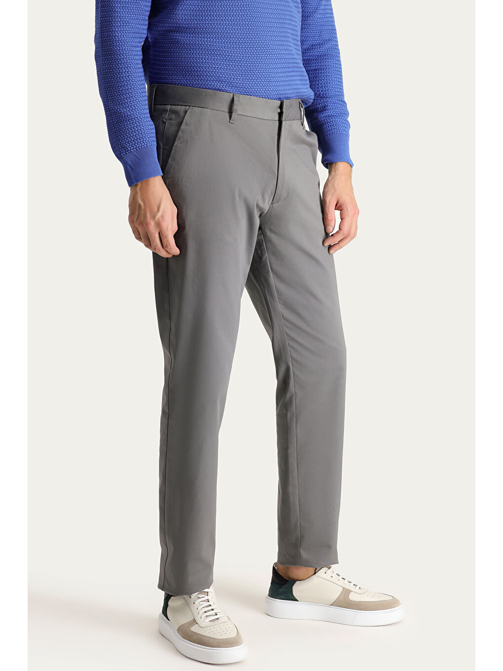Gri Slim Fit Dar Kesim Elastanlı Saten Kanvas / Chino Pantolon-2