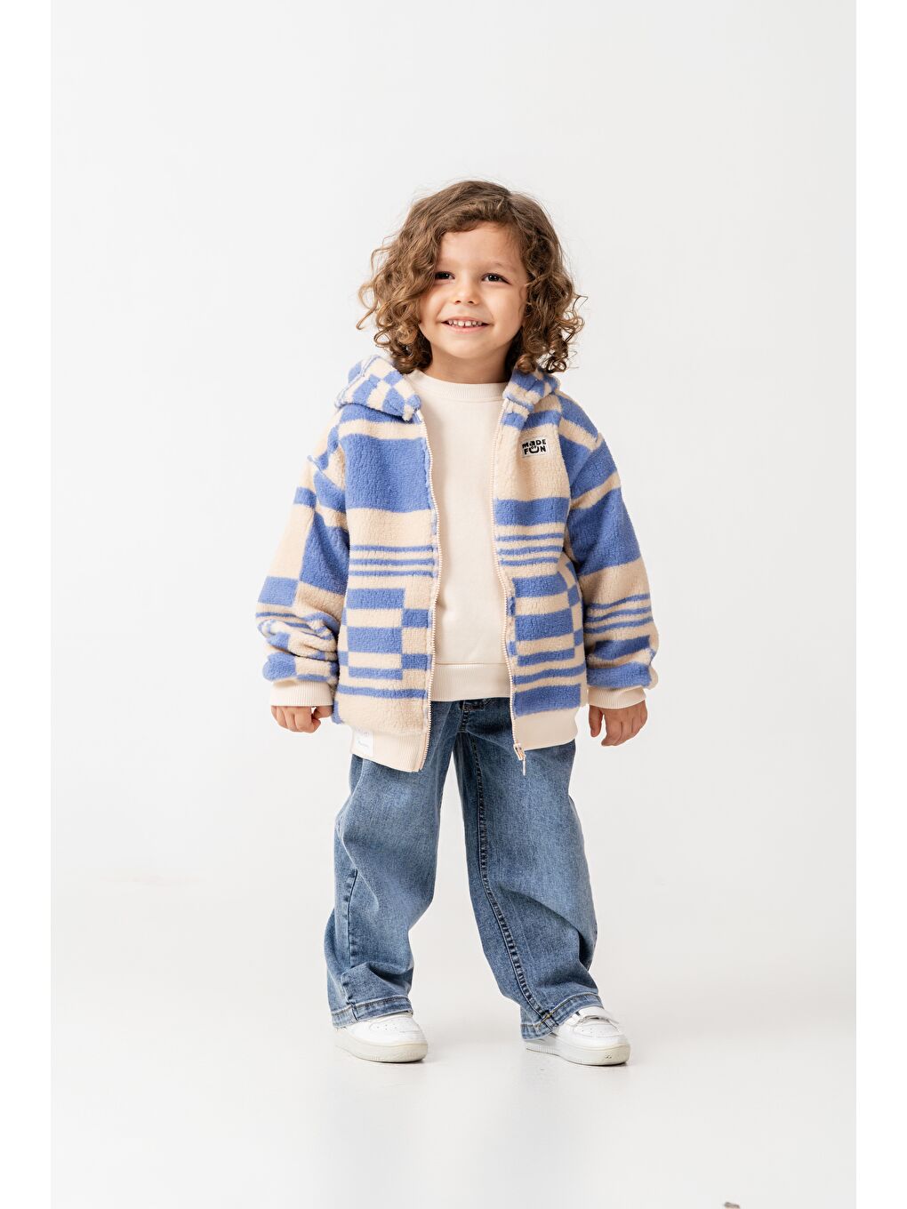 Karışık Erkek Çocuk Pamuklu Bej Mavi Kare Desenli Kapüşonlu Fermuarlı Polar Mont - Rahat Dış Giyim-5