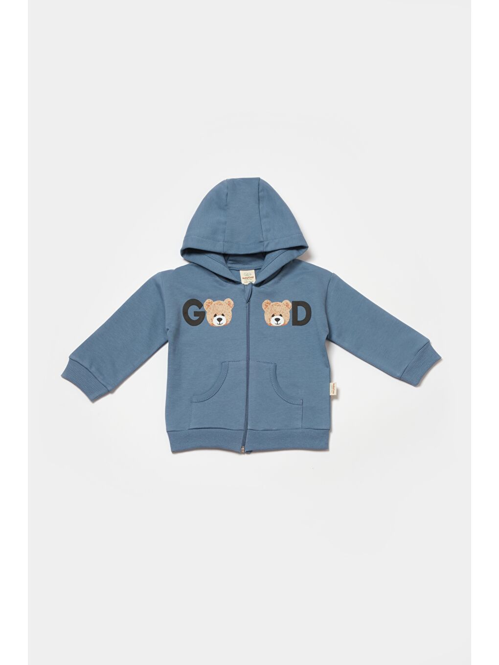 Bebek Pamuklu Mavi Kapüşonlu Ayıcık Baskılı Eşofman Takımı - İki Parça-2