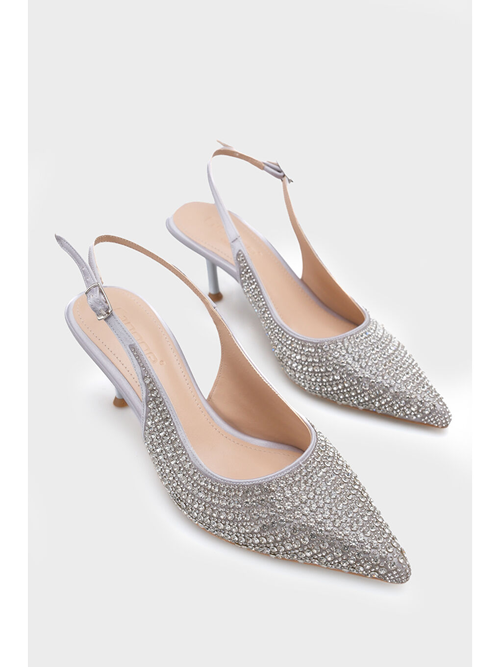 Gri Laryssa Komple Taşlı Sivri Burunlu Saten Arkası Açık Kadın Topuklu Düğün Ayakkabı-1