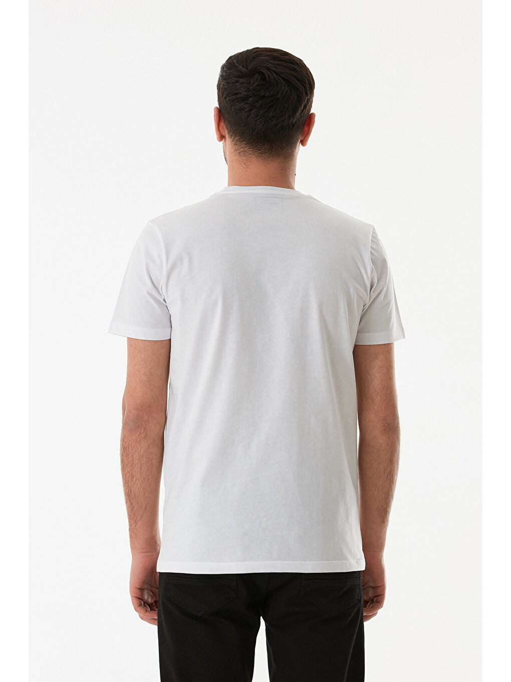 Beyaz Kabartma Baskılı Bisiklet Yaka Tişört-2