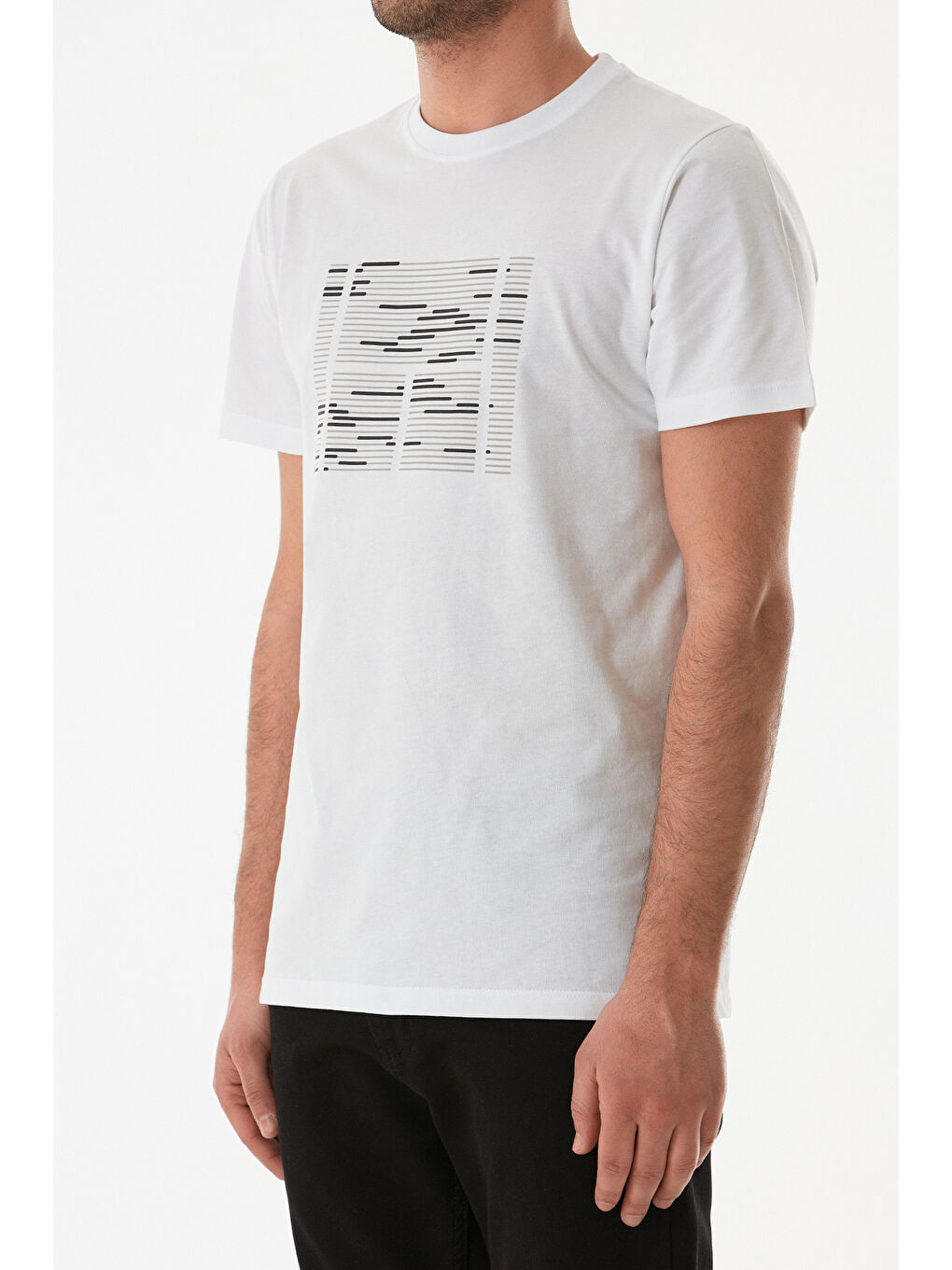 Beyaz Kabartma Baskılı Bisiklet Yaka Tişört-4