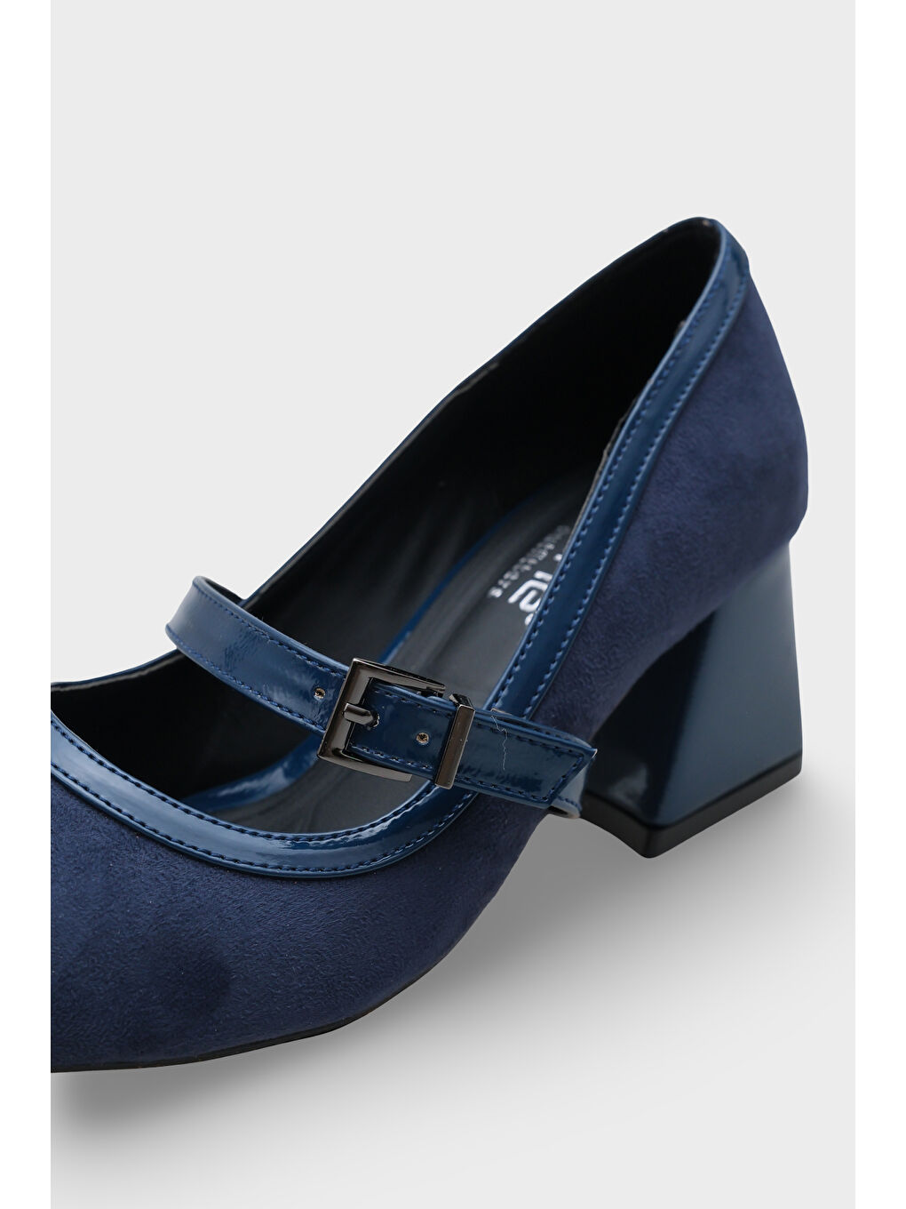 Lacivert Susann Sivri Burunlu Kalın Orta Topuklu Bantlı Suni Süet Kadın Ayakkabı-2