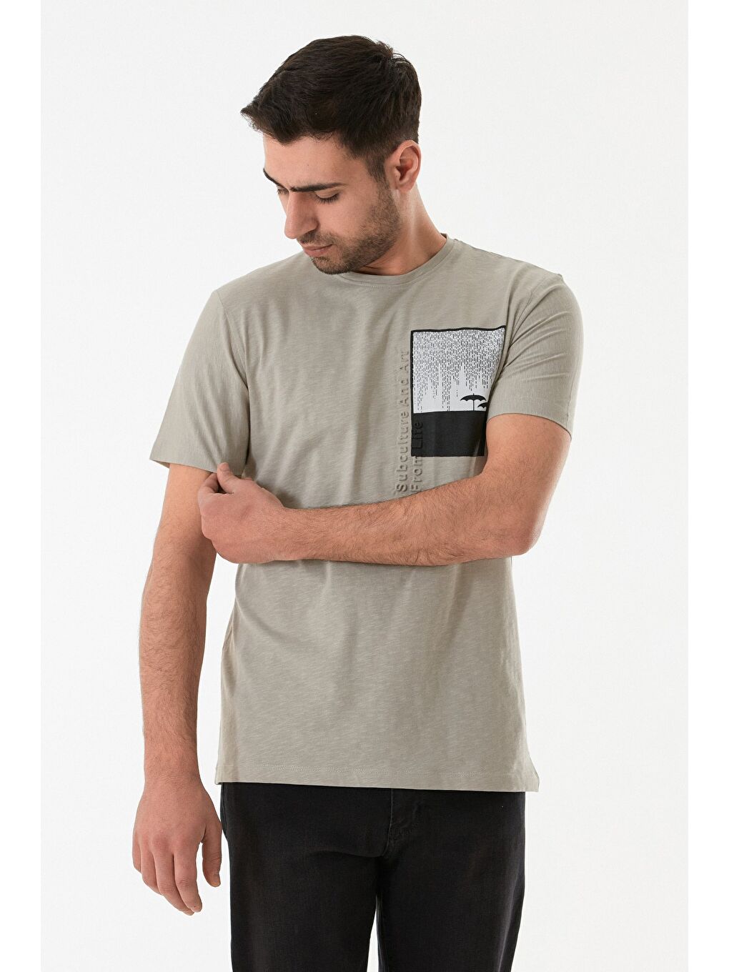 Bej Grafik Baskılı Bisiklet Yaka Tişört-3