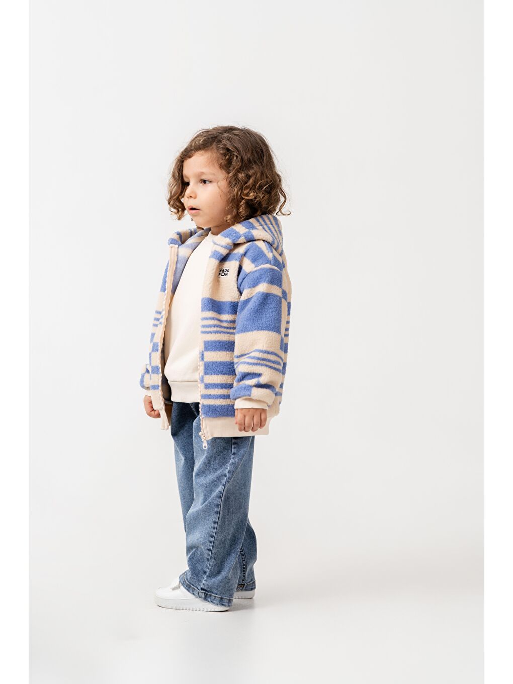 Karışık Erkek Çocuk Pamuklu Bej Mavi Kare Desenli Kapüşonlu Fermuarlı Polar Mont - Rahat Dış Giyim-6