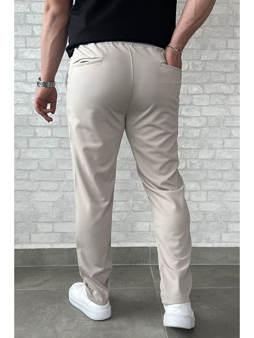 Bej Erkek Bel Bağcıklı Fermuarlı Düz Paça Jogger Pantolon-3