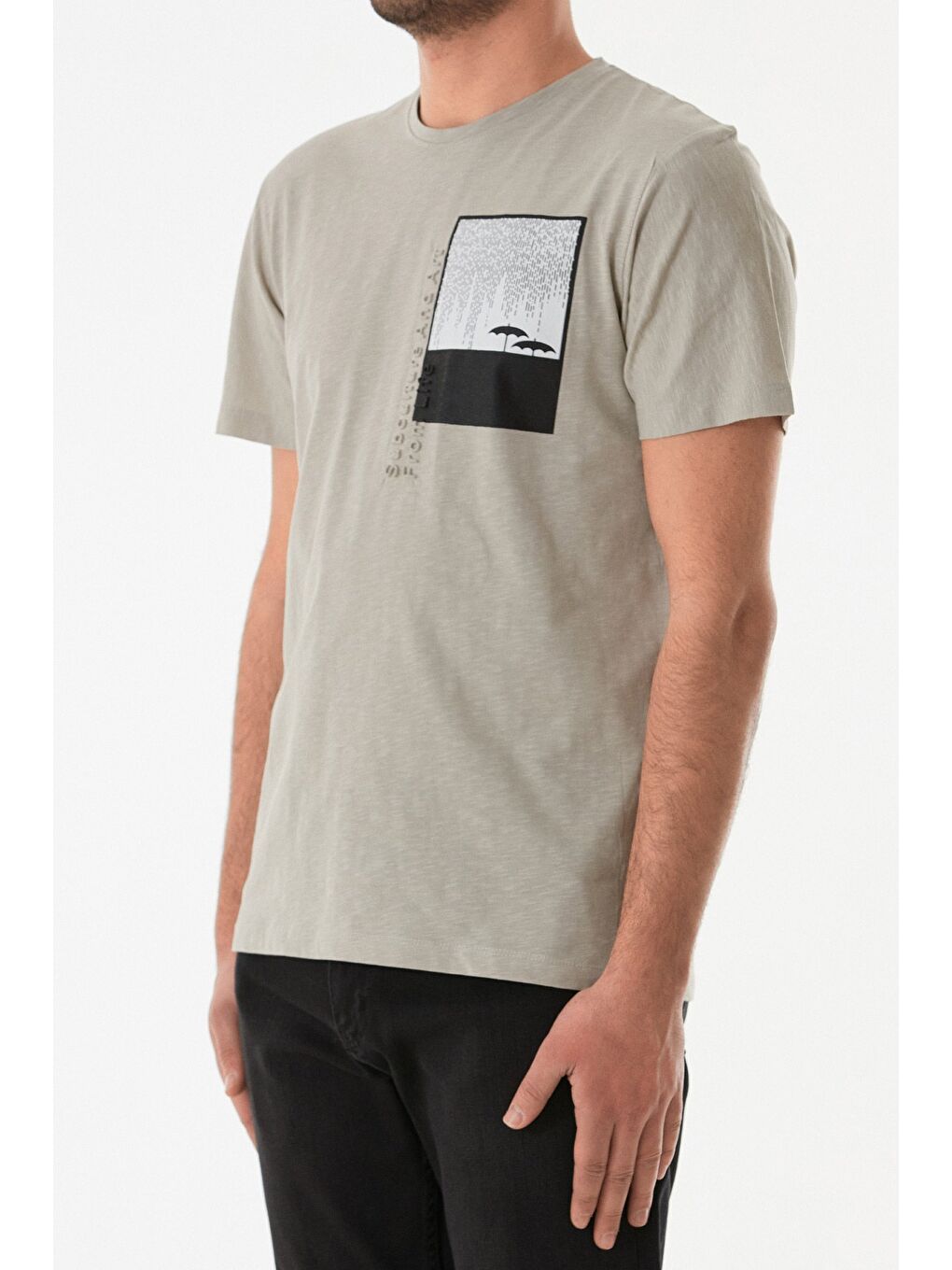 Bej Grafik Baskılı Bisiklet Yaka Tişört-4