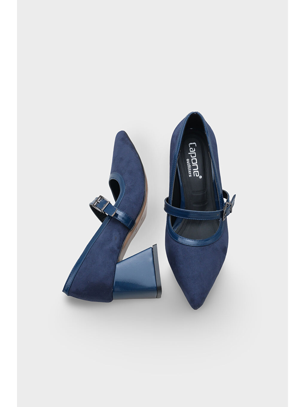 Lacivert Susann Sivri Burunlu Kalın Orta Topuklu Bantlı Suni Süet Kadın Ayakkabı-4